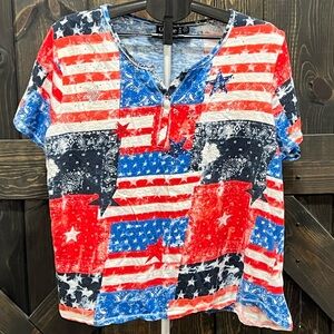 Onque Casual Patriotic Top 3X Stars Stripes Sequins Americana 100% Cotton Summer